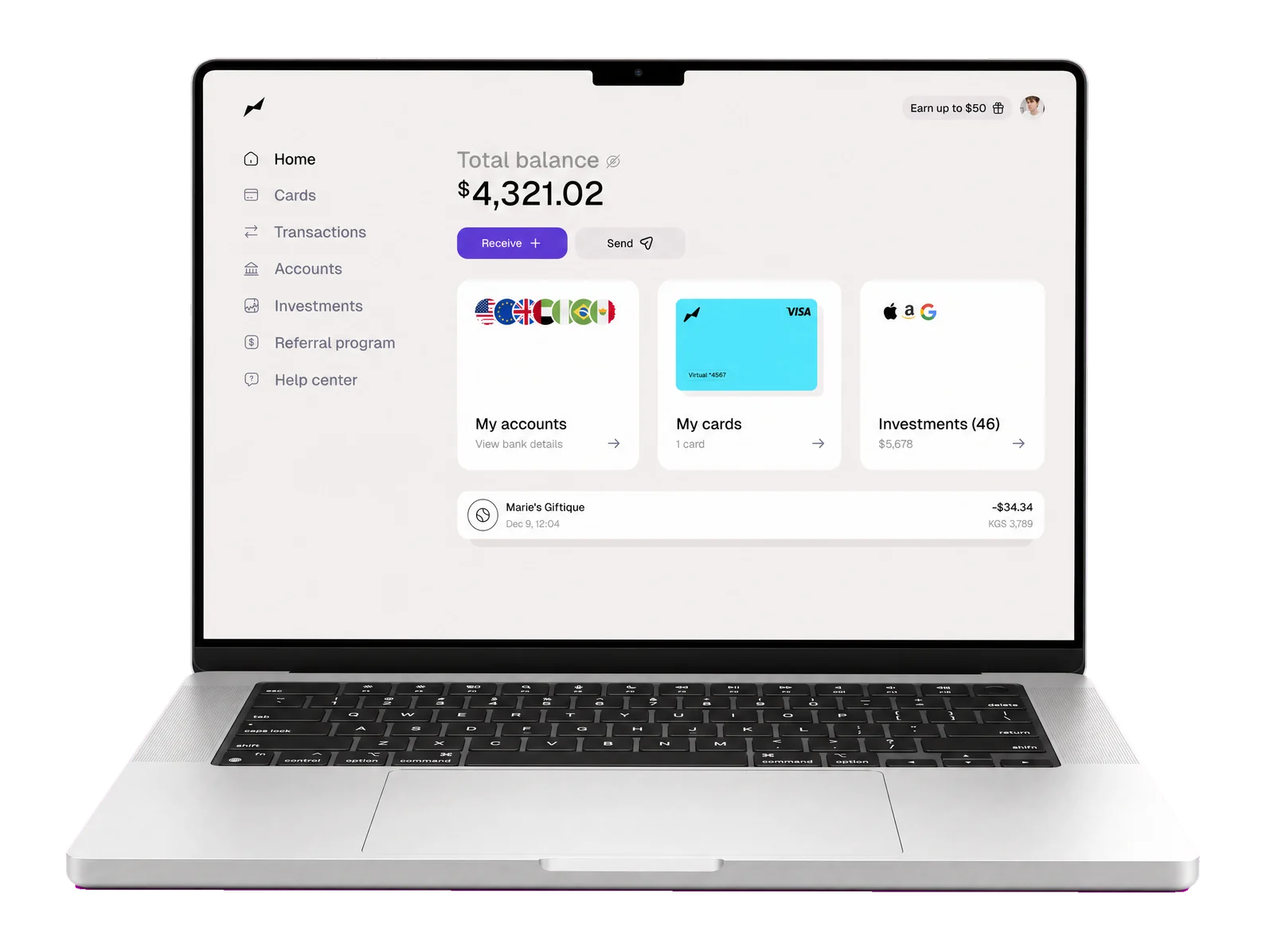Offramp business dashboard on a laptop — a $4,321.02 total balance with multi-currency accounts, cards, and investments
