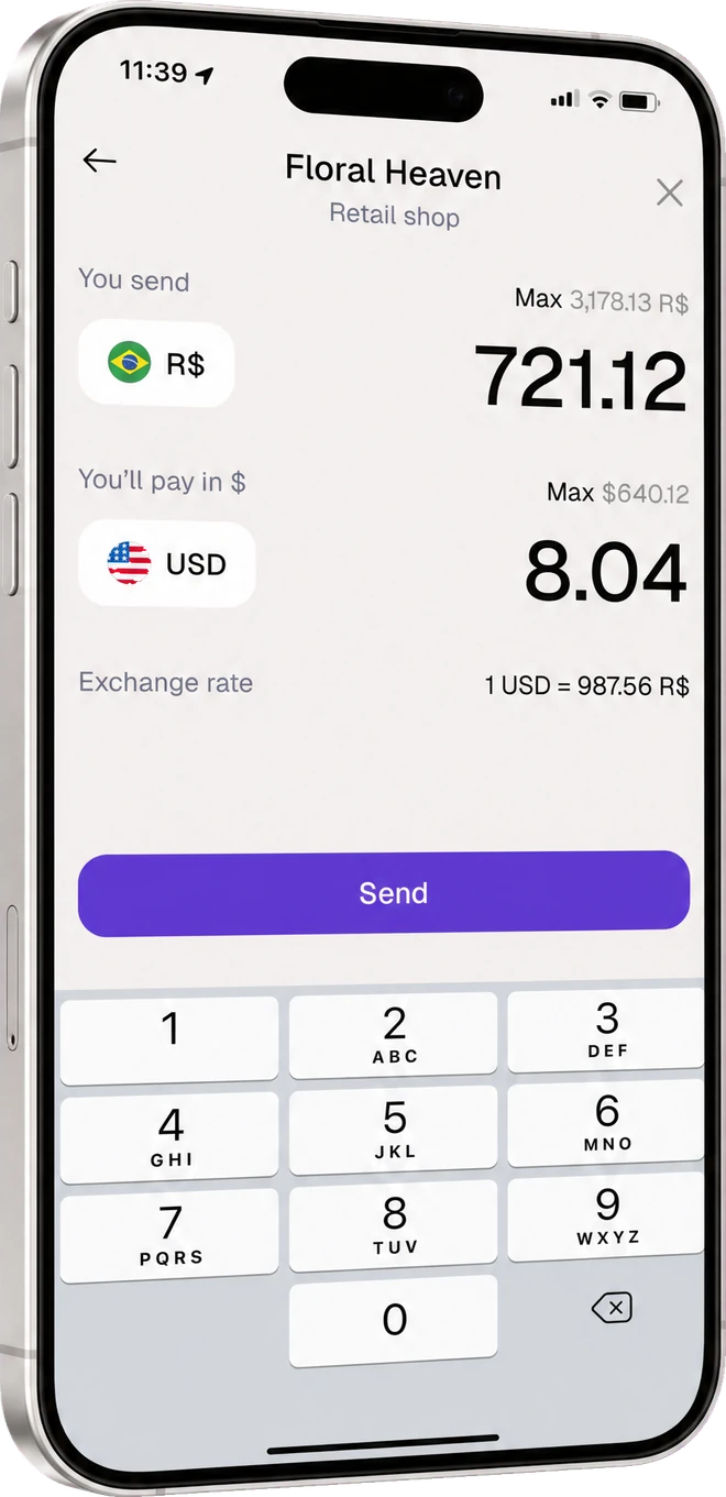 Offramp app sending a cross-border payment of R$721.12 to a supplier, paid in USD
